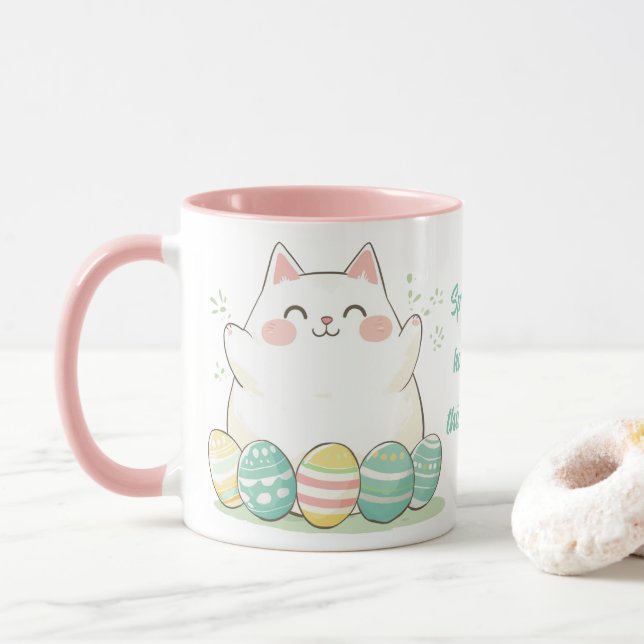 Kawaii Easter Cat Mug  Cute Kitty & Colourful Eggs (With Donut)