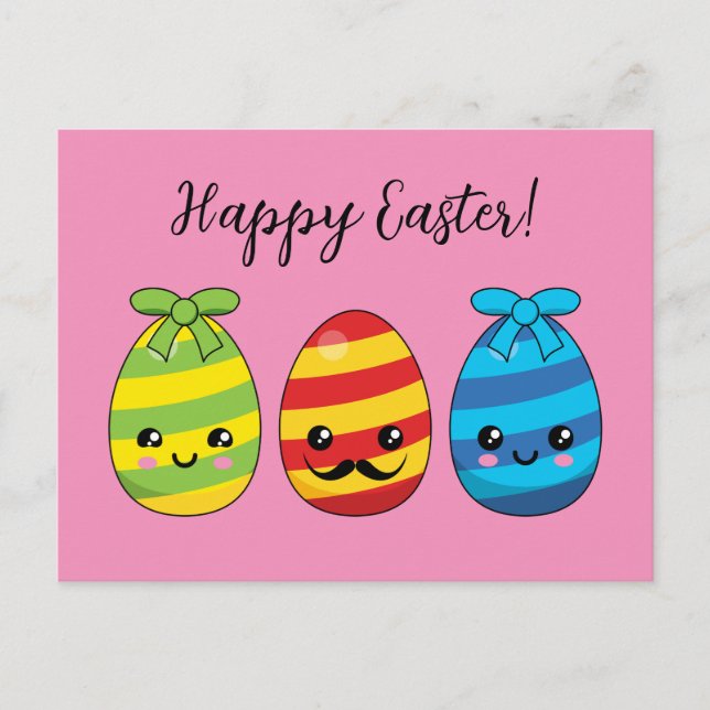 Kawaii Easter Eggs with Ribbons | Add Text Holiday Postcard (Front)
