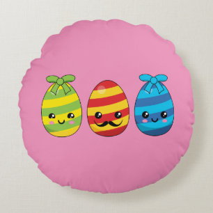 Kawaii Easter Eggs with Ribbons Round Cushion