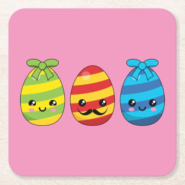 Kawaii Easter Eggs with Ribbons Square Paper Coaster (Front)