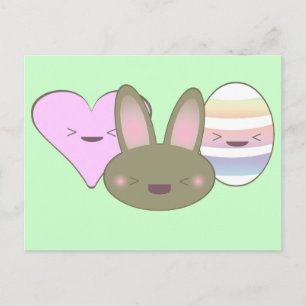 KAWAII EASTER TRIO BUNNY CHOCOLATE EGG HEART HAPPY HOLIDAY POSTCARD