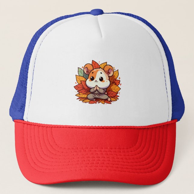 Kawaii fall hamster yoga trucker hat (Front)
