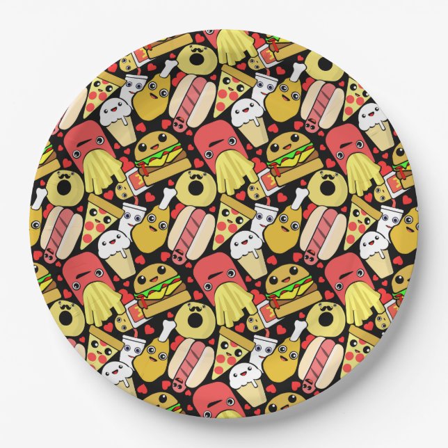 Kawaii Fast Foodie Characters Pattern Paper Plate (Front)
