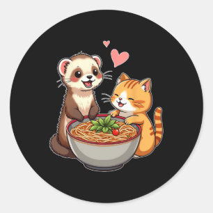 Kawaii Ferret And Cat Eating Ramen Cute Japanese A Classic Round Sticker