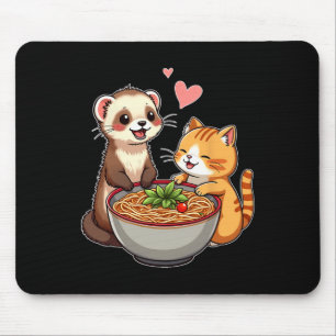 Kawaii Ferret And Cat Eating Ramen Cute Japanese A Mouse Pad