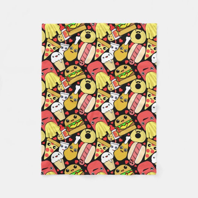 Kawaii Food Characters Pattern Fleece Blanket (Front)