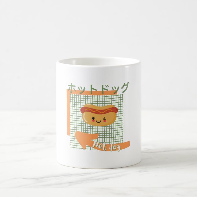 kawaii food- cute Hot dog, orange, green Coffee Mug (Center)