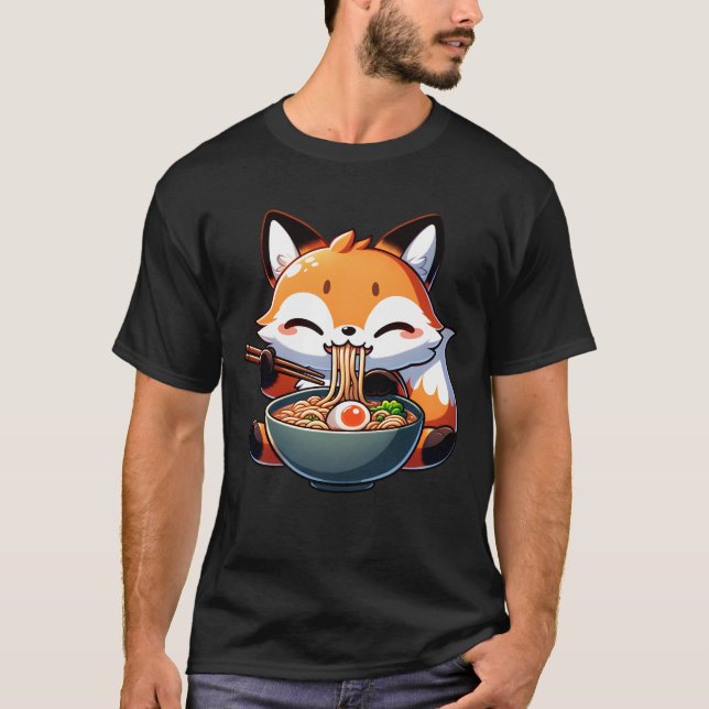 Kawaii Fox Eating Ramen Noodle Anime Japanese T-Shirt (Front)