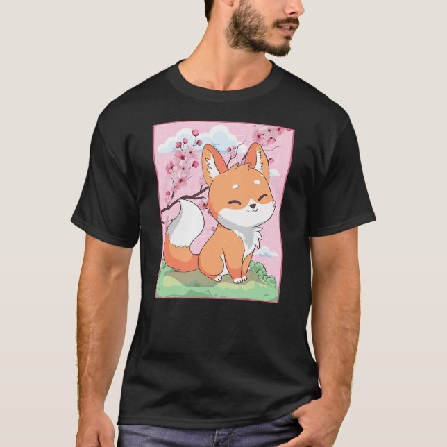 Kawaii Fox Japanese Kitsune Sakura Cherry Blossom T-Shirt (Front)