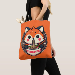 Kawaii fox slurping ramen in a noodle bowl tote bag