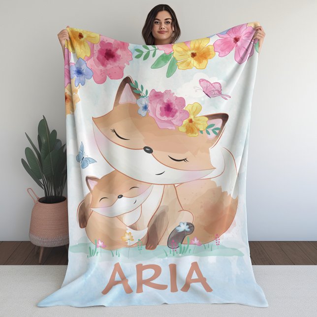 Kawaii Fox with Flowers with Custom Name Fleece Blanket (Kawaii Fox with Flowers with Custom Name Fleece Blanket)