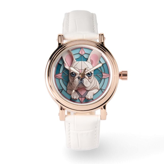 Kawaii French Bulldog Pastel Stained Glass Watch (Front)