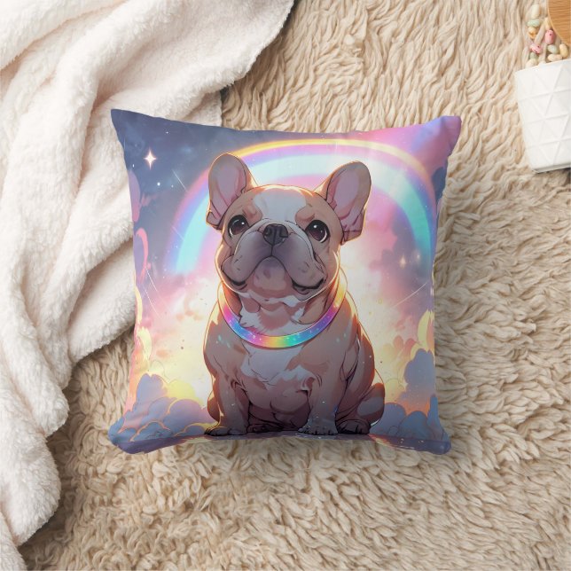 Kawaii French Bulldog Rainbow Clouds Cushion (Blanket)