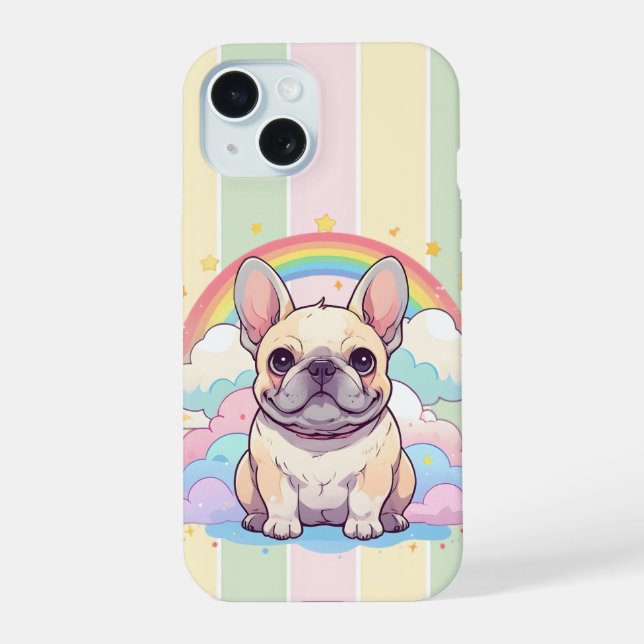Kawaii French Bulldog Rainbow Clouds iPhone 15 Case (Back)