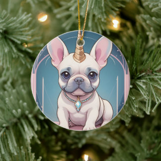 Kawaii French Bulldog Unicorn Pastel pink Ceramic Ornament