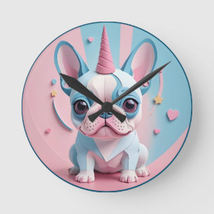 Kawaii French Bulldog Unicorn Pastel Round Clock