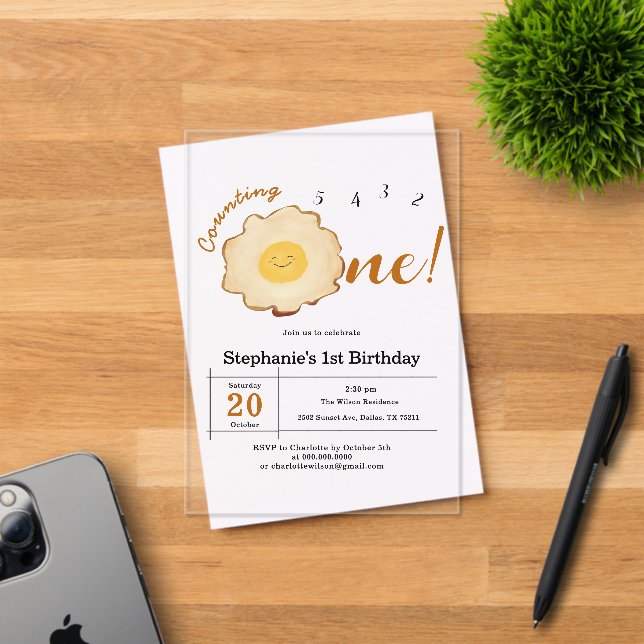 Kawaii Fried Egg 1st Birthday Acrylic Invitations (Insitu (Invitation Card))