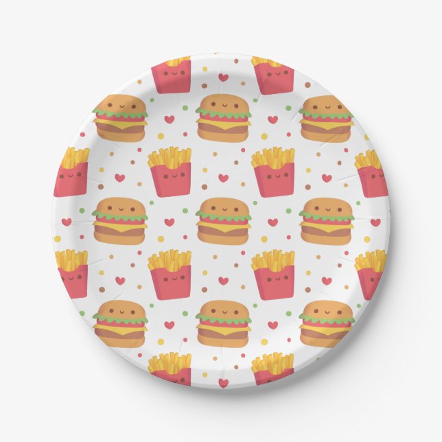Kawaii Fries and Burger Pattern Paper Plate (Front)