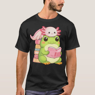 Kawaii Frog Axolotl Reading Book For Book T-Shirt