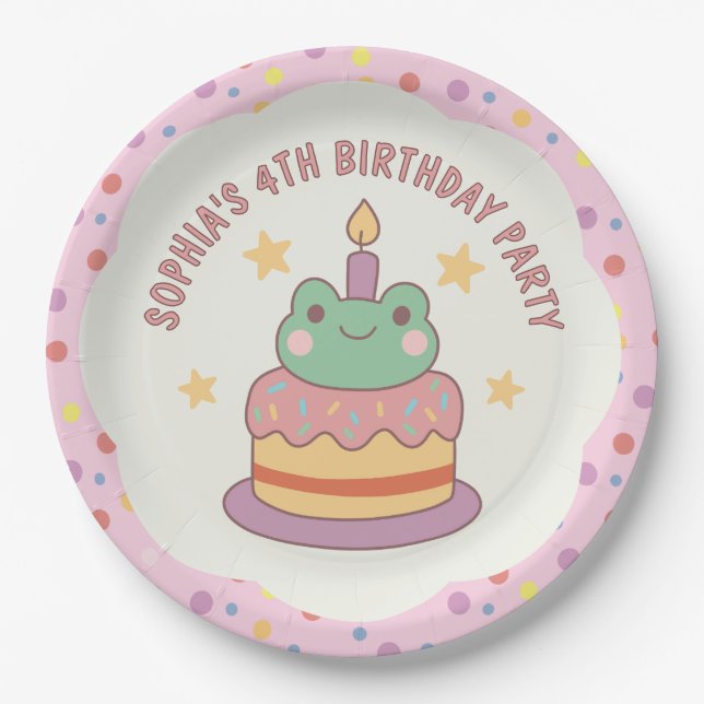 Kawaii Frog Birthday Cake Custom Paper Plate (Front)