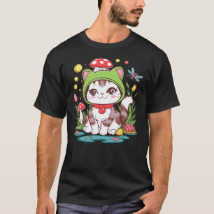 Kawaii Frog Cat in Frog Hat Retro 90s Cottagecore T-Shirt