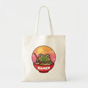 Kawaii frog eating ramen tote bag