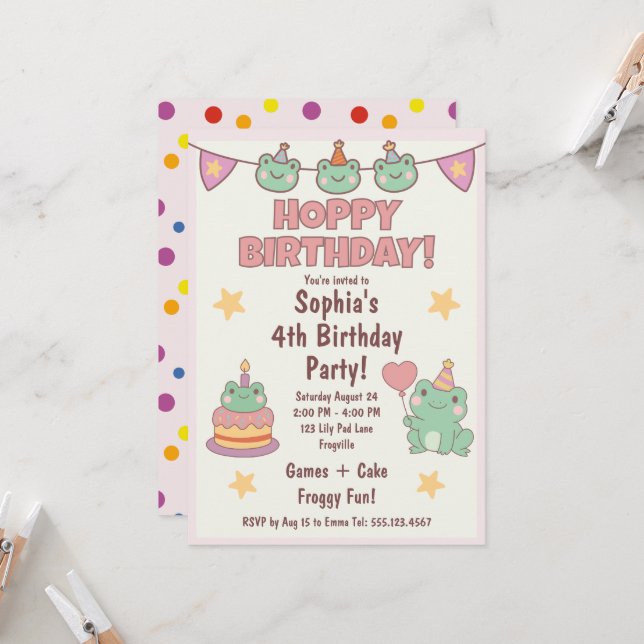 Kawaii Frog, Hoppy Birthday Party  Invitation (Front/Back In Situ)