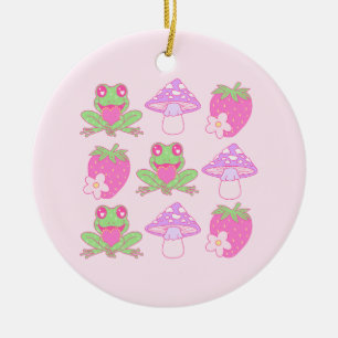 Kawaii Frog, Mushroom, and Strawberry Ceramic Ornament