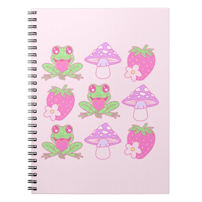 Kawaii Frog, Mushroom, and Strawberry Notebook (Front)