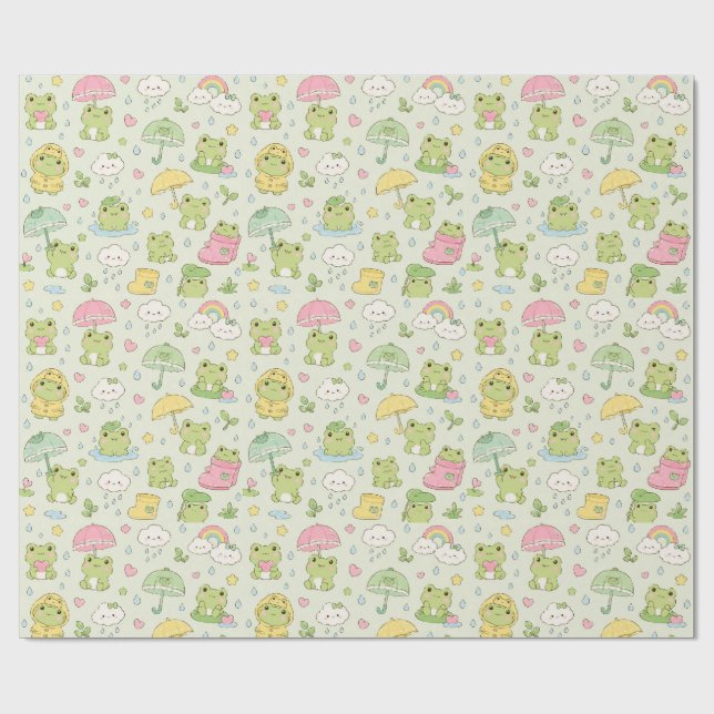 Kawaii Frog Rainy Day Pattern Wrapping Paper (Flat)