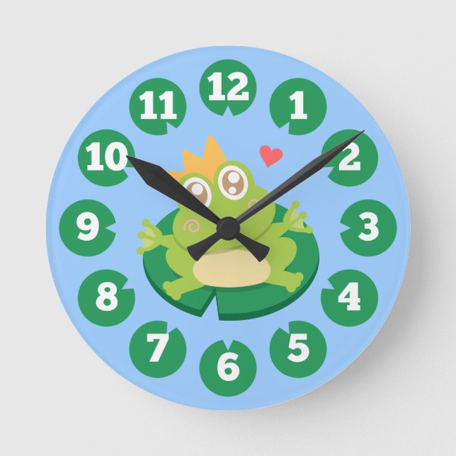 Kawaii frog with sparkling eyes on a lily pad round clock (Front)