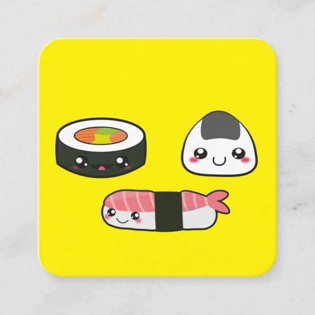 Kawaii, fun and funny Sushi mooshie Square Business Card (Front)