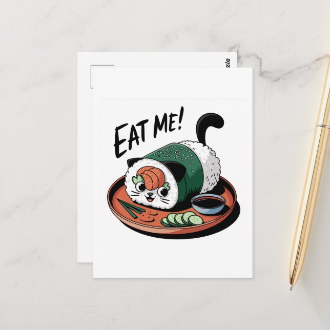 Kawaii Funny Cat Shaped Sushi Roll Postcard (Front/Back In Situ)
