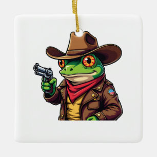 Kawaii Funny Cowboy Western Frog Lovers Ceramic Ornament