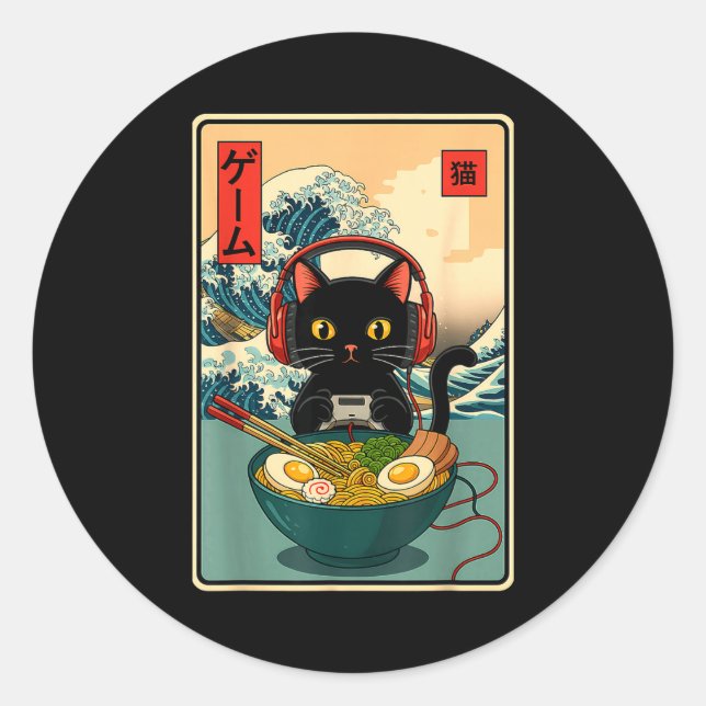 Kawaii Gamer Cat Ramen Retro Japanese Funny Cat Ga Classic Round Sticker (Front)