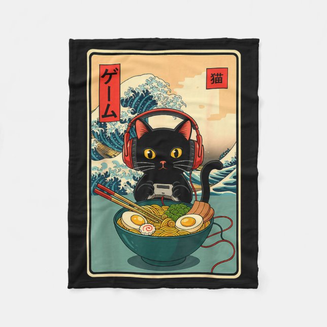 Kawaii Gamer Cat Ramen Retro Japanese Funny Cat Ga Fleece Blanket (Front)