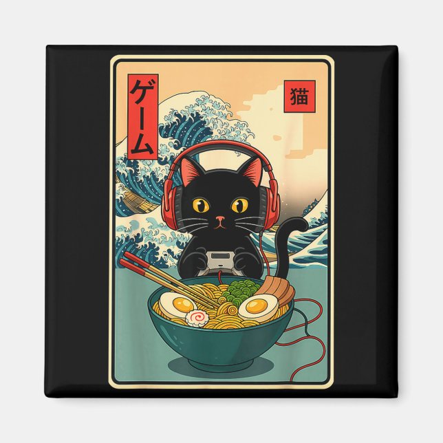 Kawaii Gamer Cat Ramen Retro Japanese Funny Cat Ga Magnet (Front)