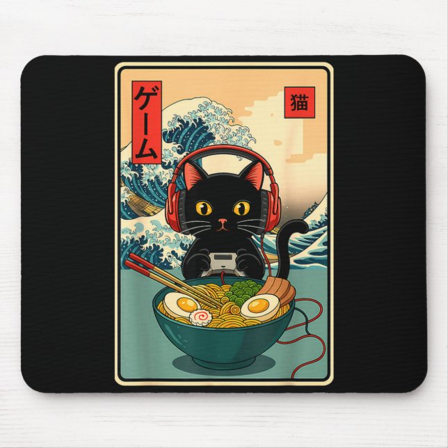 Kawaii Gamer Cat Ramen Retro Japanese Funny Cat Ga Mouse Pad (Front)
