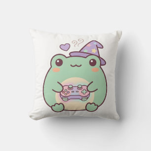Kawaii Gamer Frog Wizard Pastel Cosy Throw Pillow