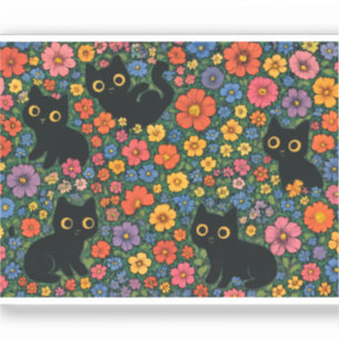 Kawaii Garden Art Cute Black Cat Floral Pattern
