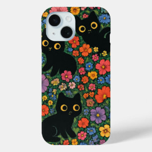 Kawaii Garden Art Cute Black Cat Floral Pattern iPhone 15 Case