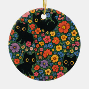 Kawaii Garden Art   Cute Black Cat Floral Pattern Ceramic Ornament