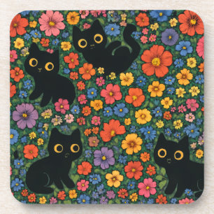 Kawaii Garden Art   Cute Black Cat Floral Pattern Coaster