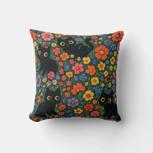 Kawaii Garden Art Cute Black Cat Floral Pattern Cushion