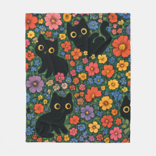 Kawaii Garden Art   Cute Black Cat Floral Pattern Fleece Blanket