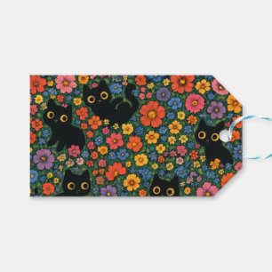 Kawaii Garden Art   Cute Black Cat Floral Pattern Gift Tags