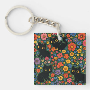 Kawaii Garden Art Cute Black Cat Floral Pattern Key Ring