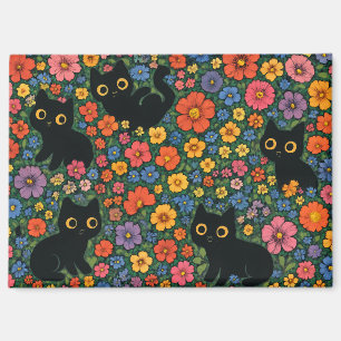 Kawaii Garden Art Cute Black Cat Floral Pattern Magnet