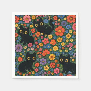 Kawaii Garden Art   Cute Black Cat Floral Pattern Napkin