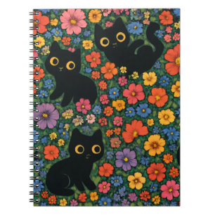 Kawaii Garden Art   Cute Black Cat Floral Pattern Notebook